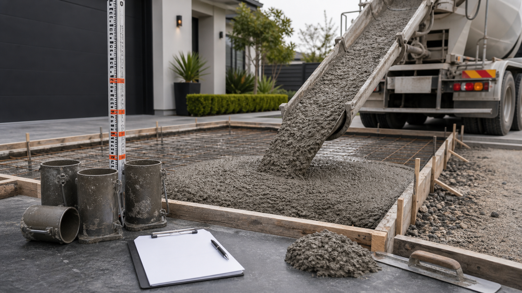 Fresh concrete pouring into driveway formwork with measuring tools nearby