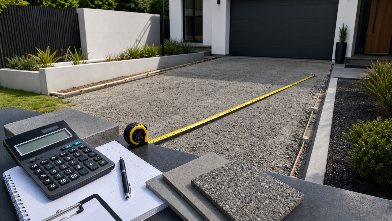 Driveway cost planning scene with measuring tape, calculator, and concrete samples