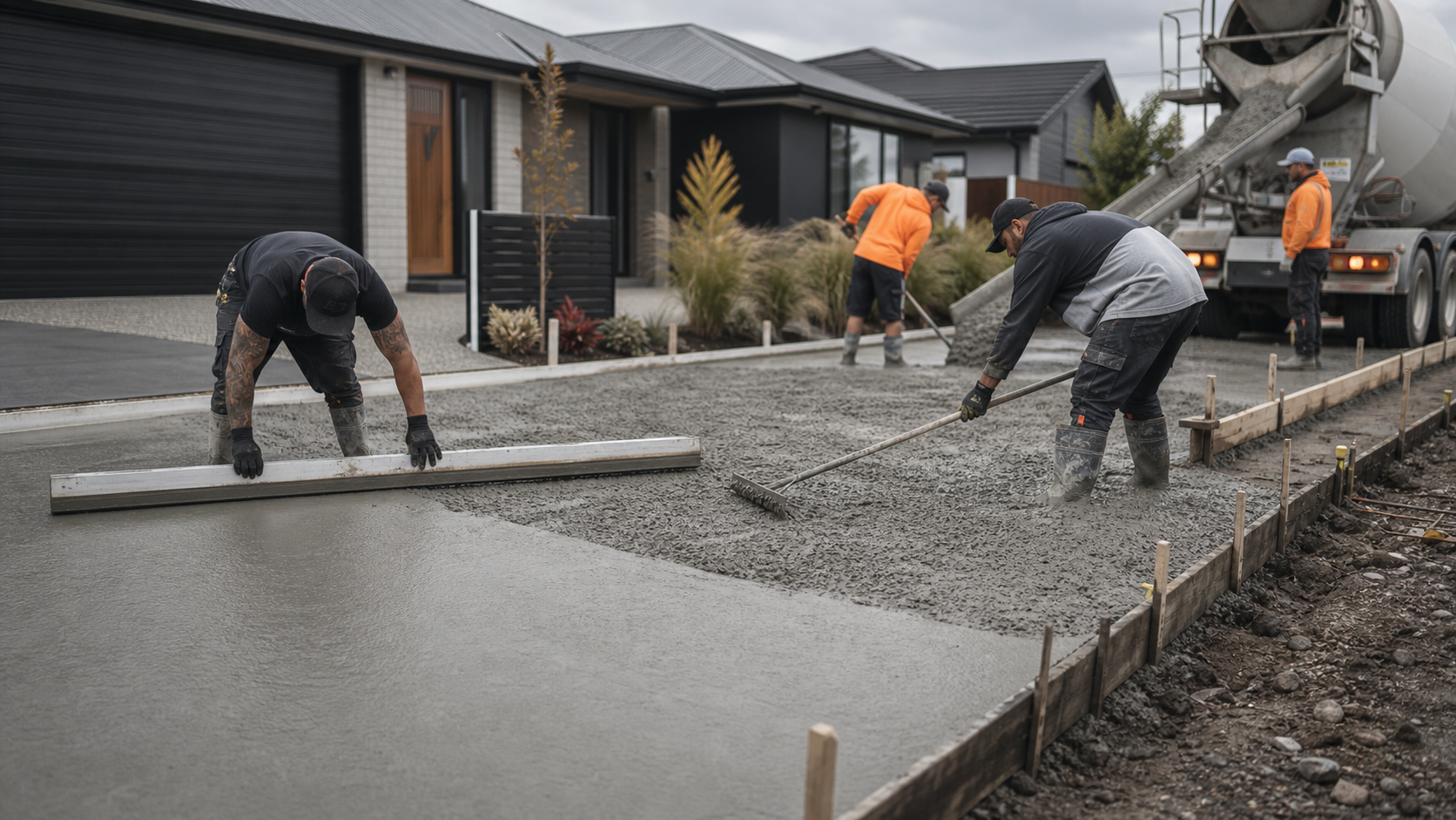 Concrete layers screeding fresh concrete for an Auckland residential driveway