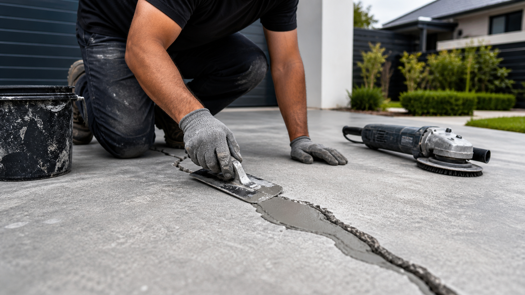 Concrete repair contractor filling a driveway crack with professional tools
