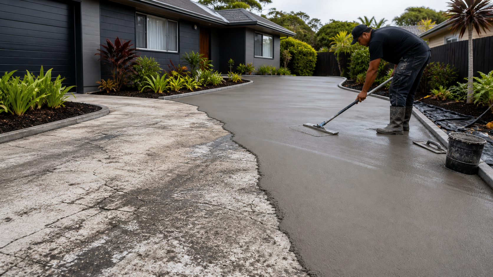 Contractor resurfacing a worn South Auckland concrete driveway beside a home
