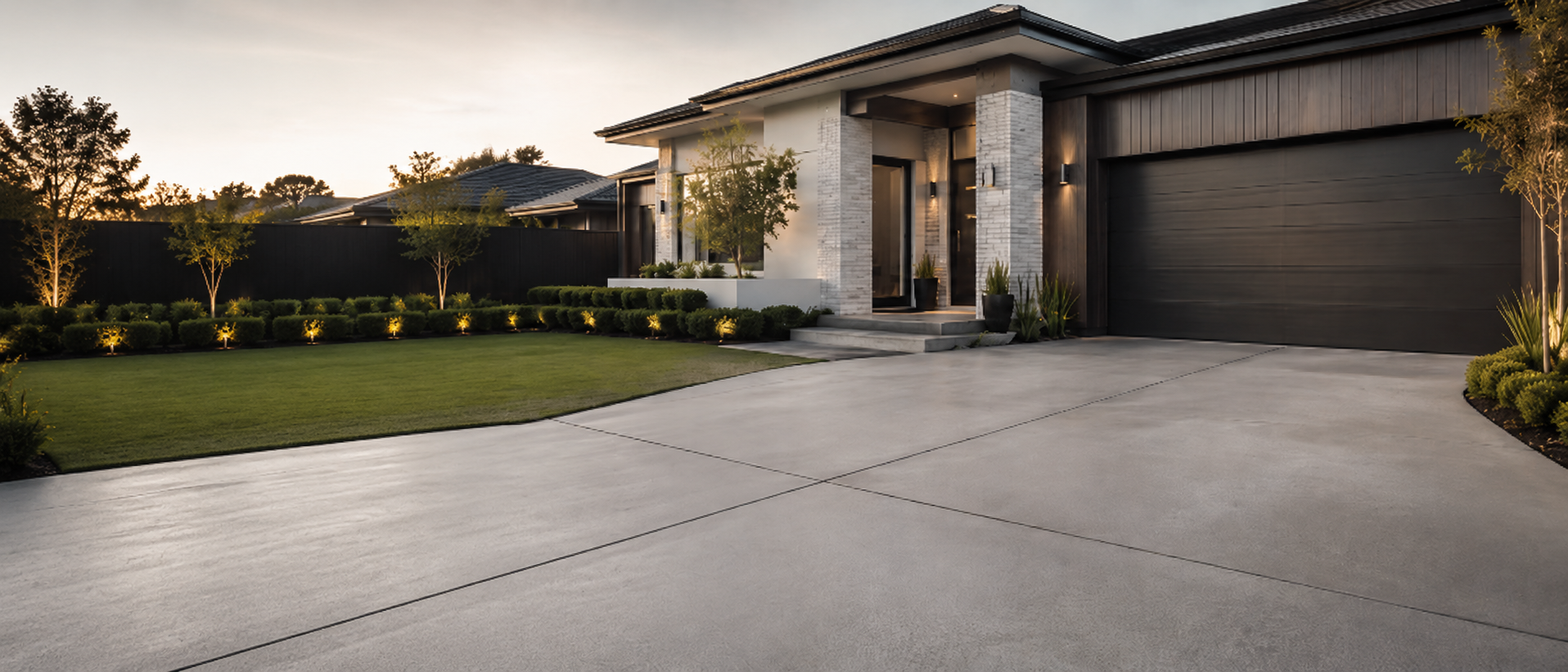 Premium modern home with dark garage door and wide smooth concrete driveway at golden hour
